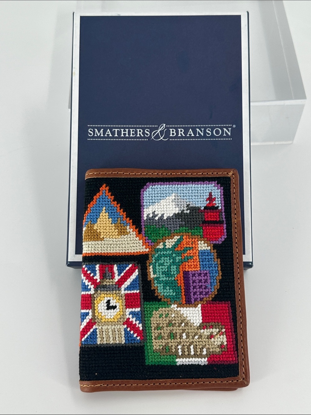Smathers & Branson Needlepoint Passport Case. Travel Stickers. NEW IN BOX
